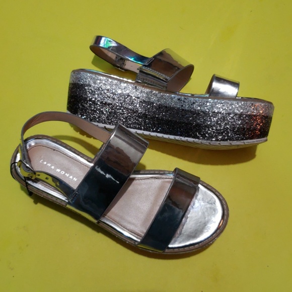 Zara Shoes - Zara Silver Metallic Glitter Platform Sandals